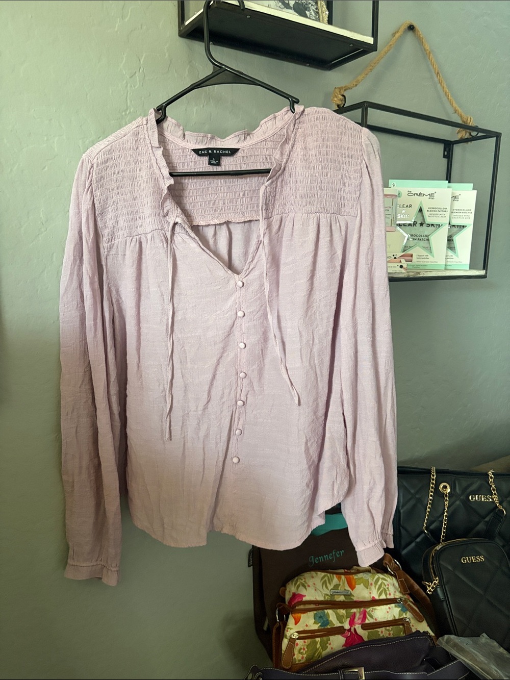 Zac & Rachel Light Lavender Button-Front Smocked Yoke Blouse